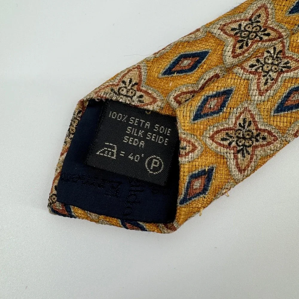 Ermenegildo Zegna 100%‎ Silk Tie Geometric Floral Print Yellow Blue Italy Mens